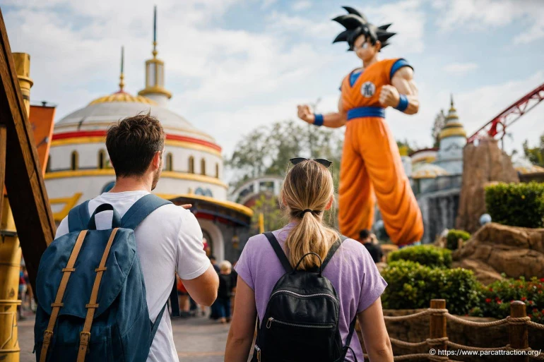 Visiteurs devant statue géante de Goku